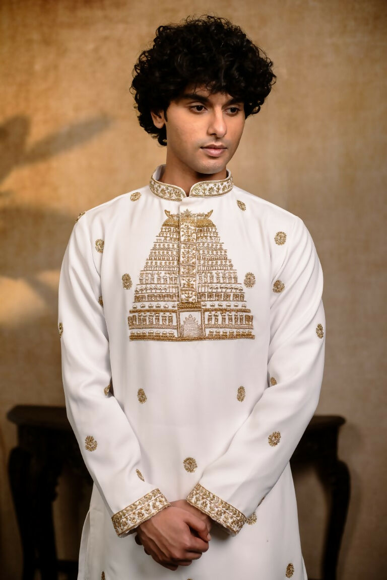 Falling Raw Silk White Devalaya Kurta By Hilo Design | Grocsy