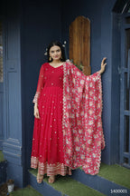 Aayaa Designer Embroidery Zari Sequins-Work Faux Blooming Georgette Suit - Red | Grocsy