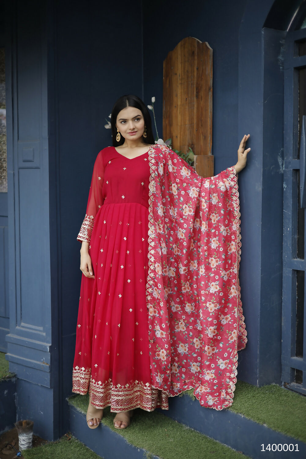 Aayaa Designer Embroidery Zari Sequins-Work Faux Blooming Georgette Suit - Red | Grocsy