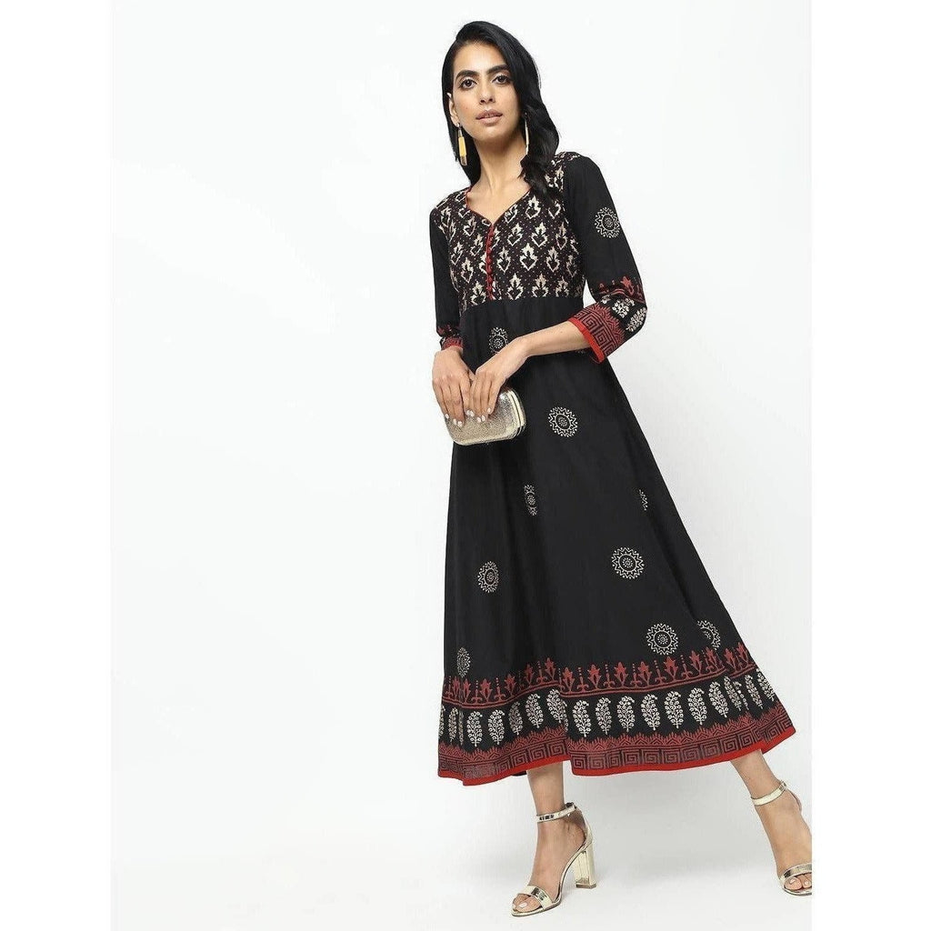 Cheera Front Contrast Beautiful Block Print Anarkali Kurta | Grocsy
