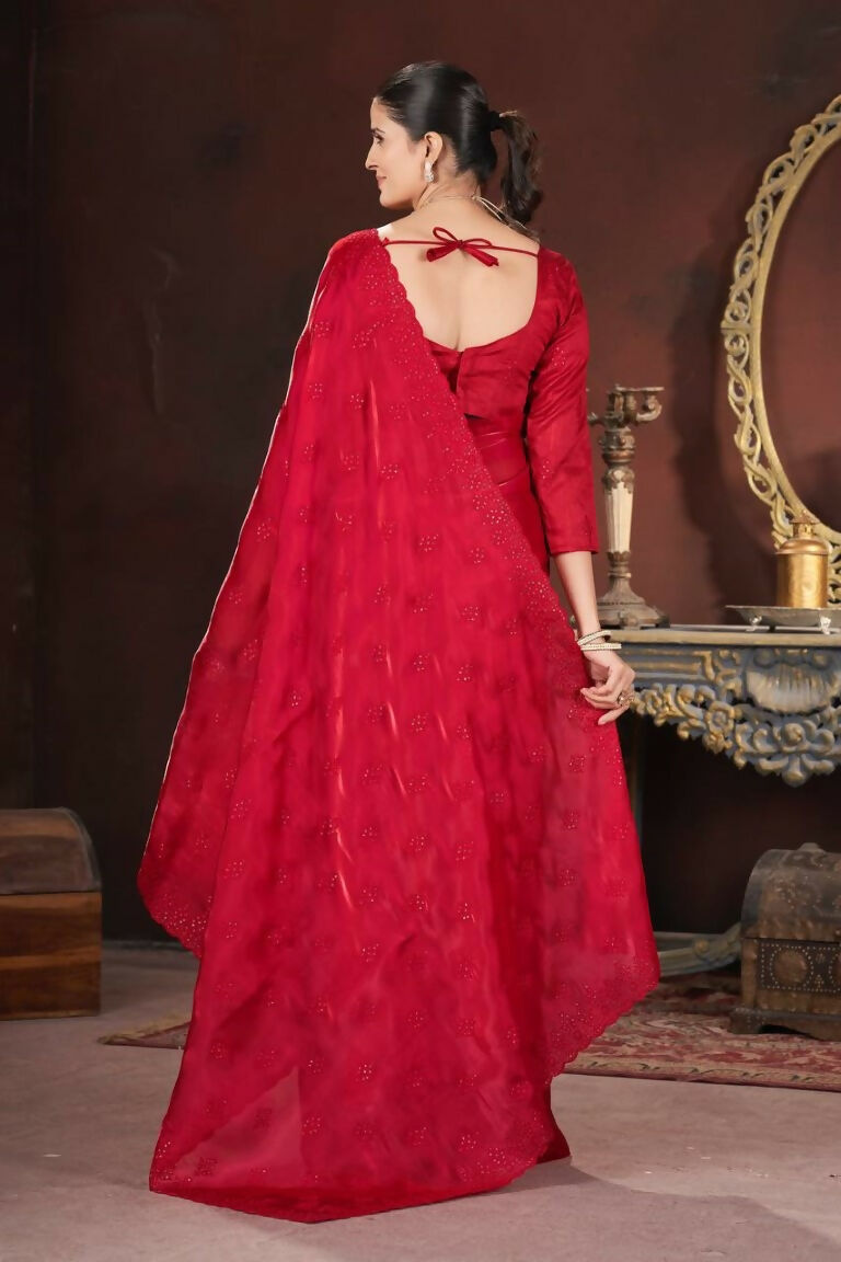 Vastranavya Red Jimmy Choo Silk 3mm Sequence work with Cross Stitch Embroidery work & Cutwork Border Saree | Grocsy