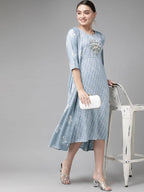 Yufta Women Blue & White Floral Printed Ethnic A-Line Midi Dress with Jacket | Grocsy