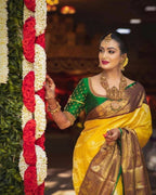DEIANA'S Beautiful Designer Golden zari Soft Lichi Silk Saree - Yellow | Grocsy