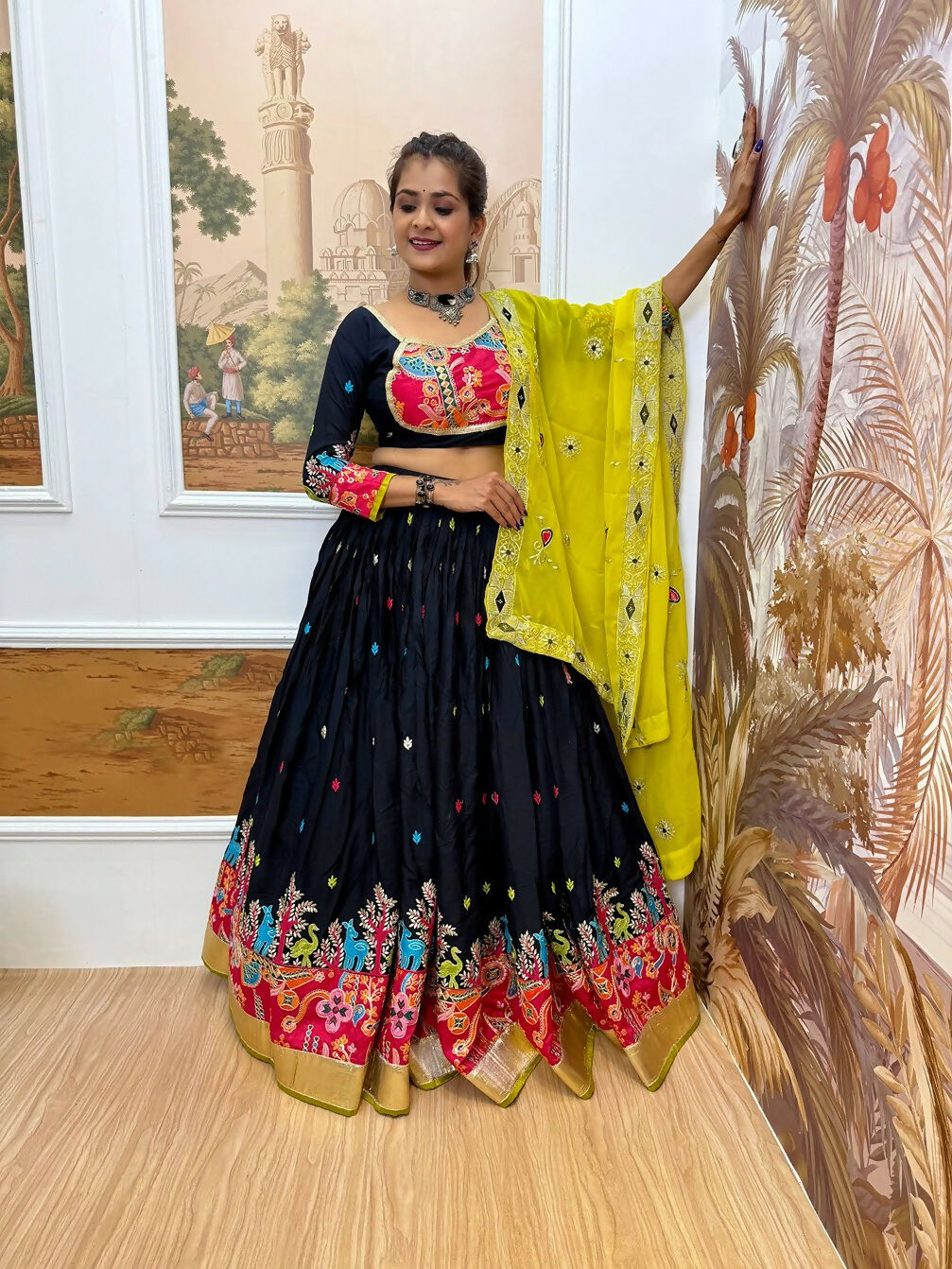 Teeya Creation Dark Blue Colour Rayon Silk Embroidery Work Fully Stitched Navratri Lehenga | Grocsy