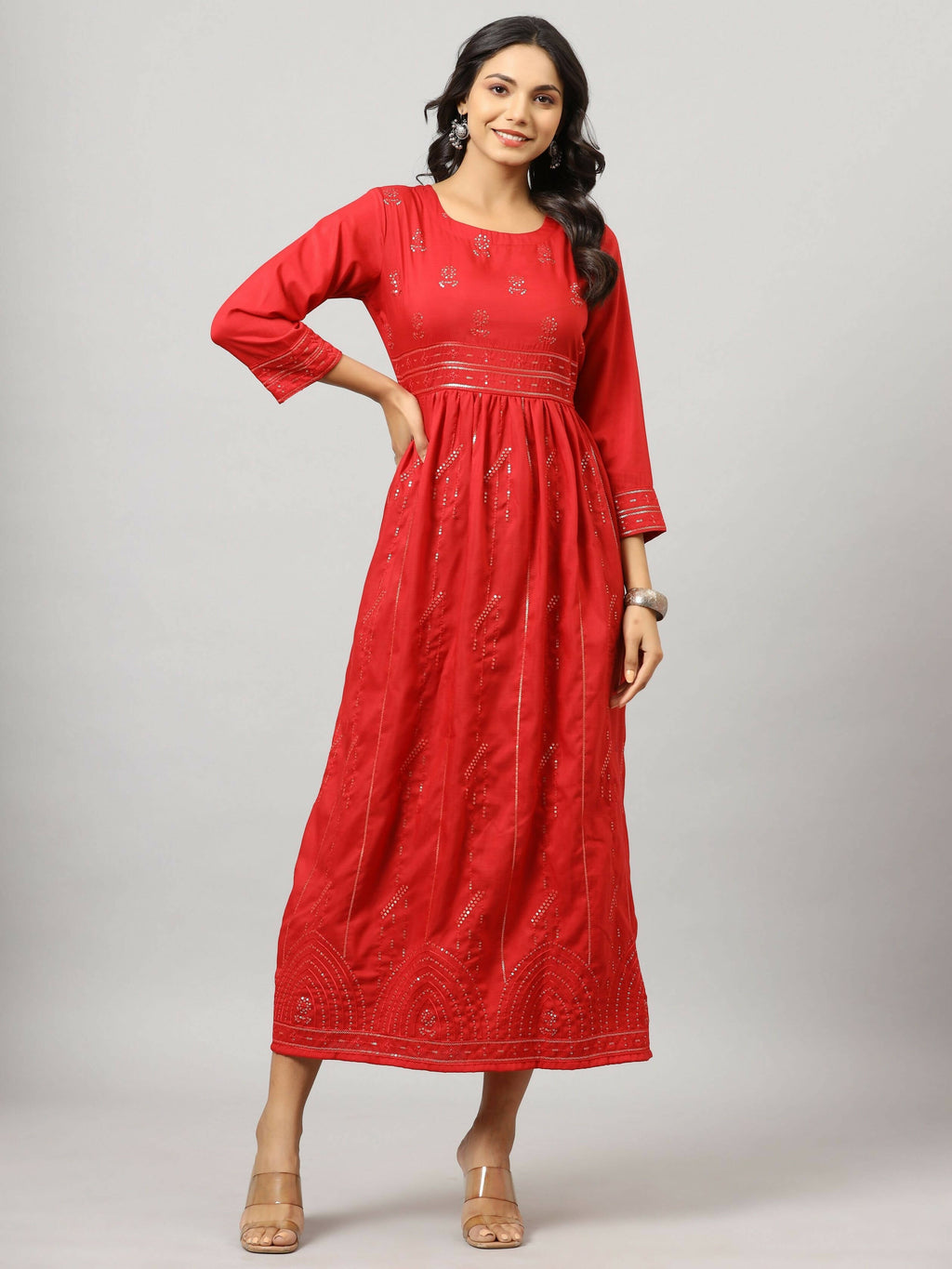 Juniper Women's Red Festive Printed Flared Dress | Grocsy
