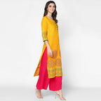 Cheera Hand Block Print Mustard Straight Kurta (MAAI-052K) | Grocsy