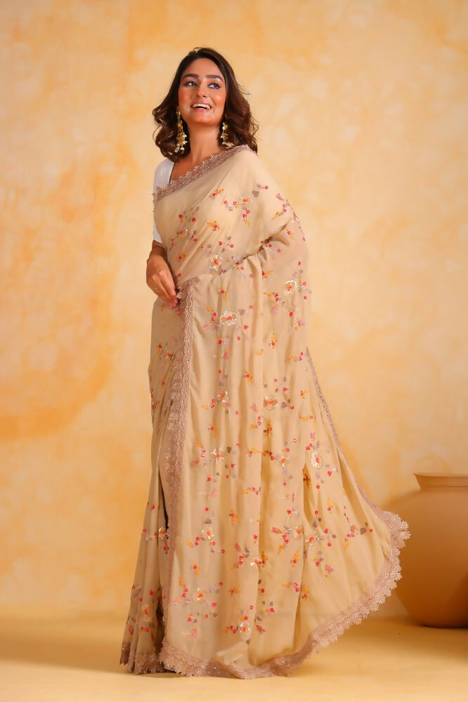Vamsee Riva Beige Georgette Saree | Grocsy