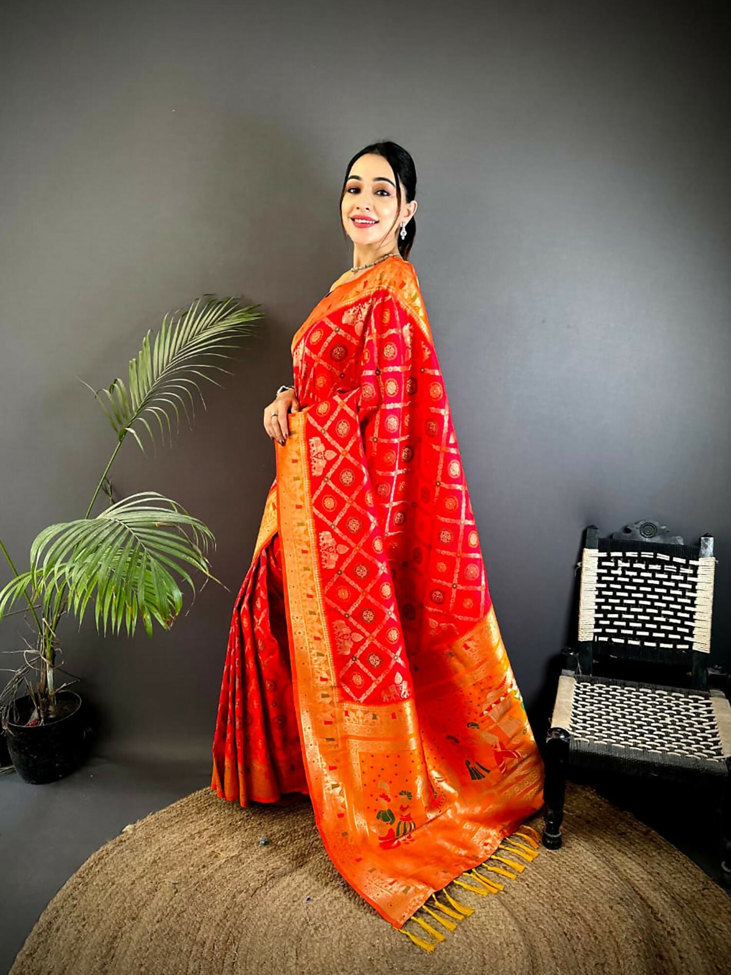 Joban Fashion Red Butti Motifs Soft Silk Patola Saree | Grocsy
