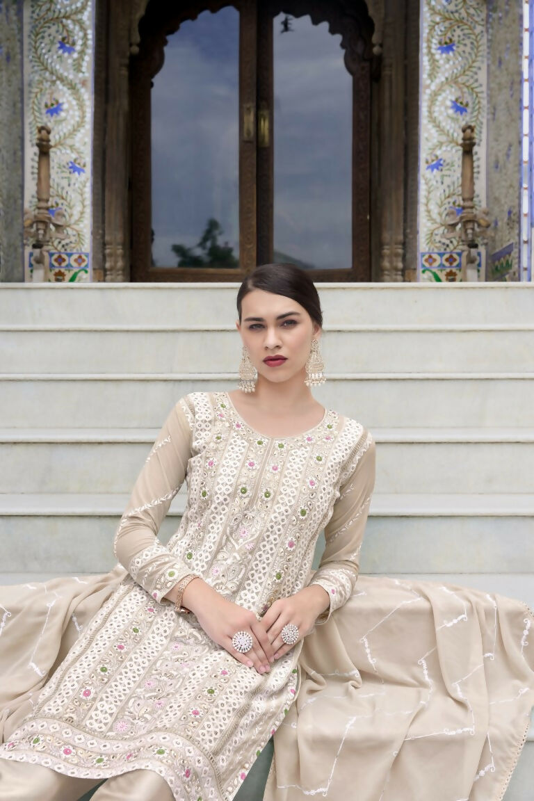 Jyoti Fashion Women's Beige Faux Georgette Heavy Embroidery and Moti Work Kurta Set | Grocsy
