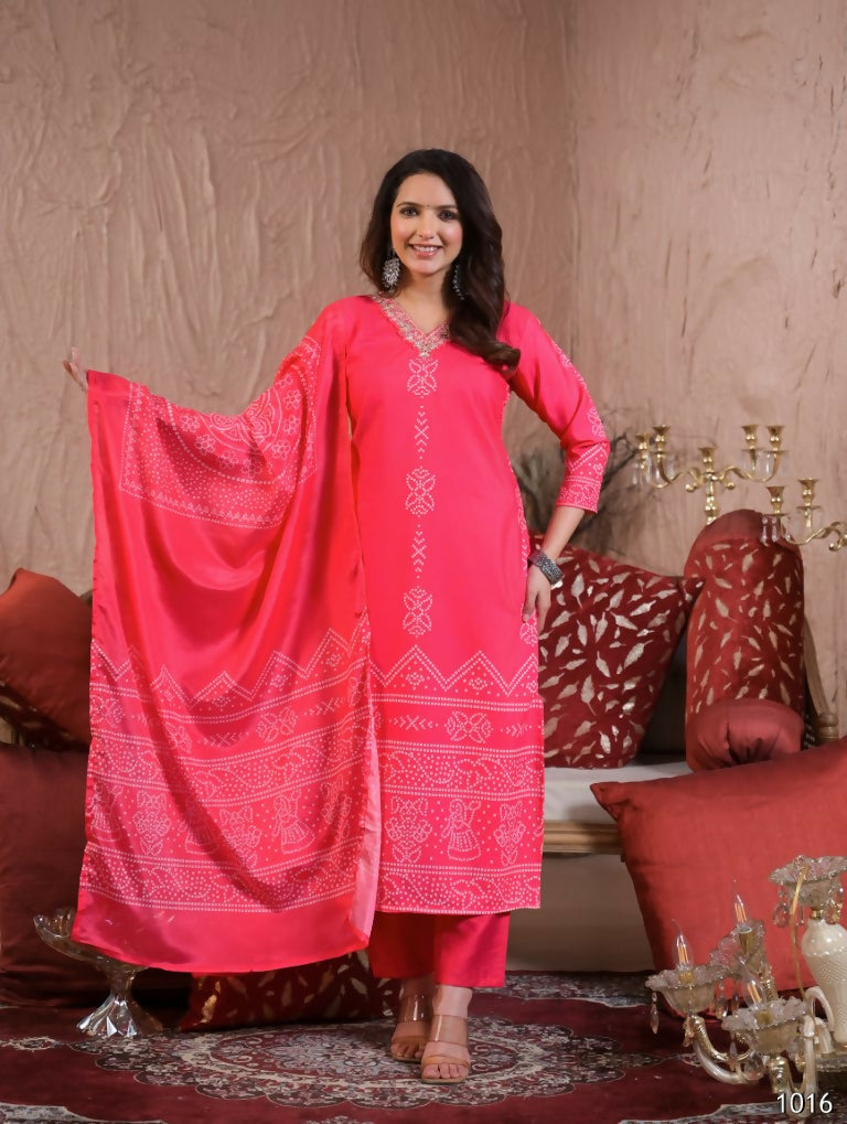 Festive Ethnic French Crepe Pink Stitched Suit With Dupatta - Rashmika | Grocsy