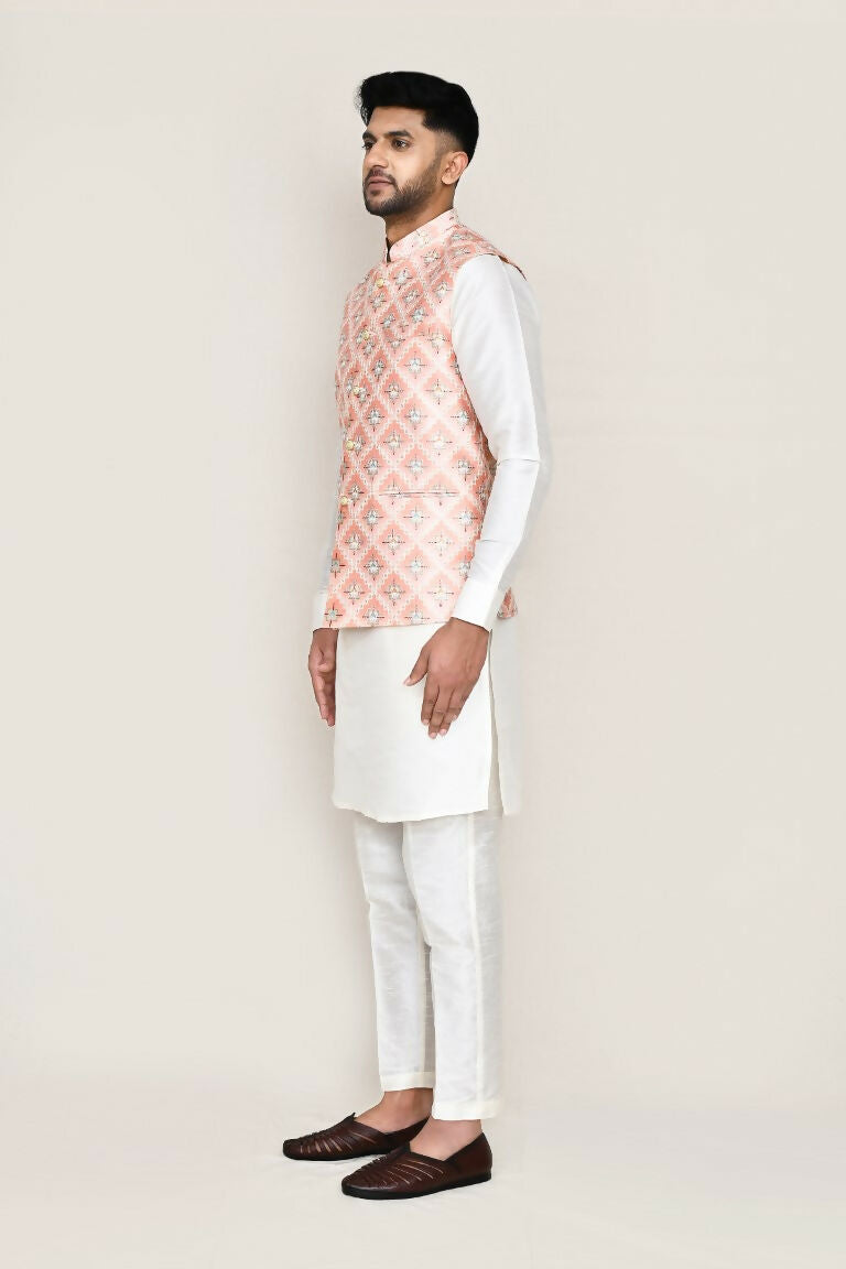 Joban Fashion White Colored Art Silk Fabric Kurta, Jacket With Straight Fit Pant | Grocsy