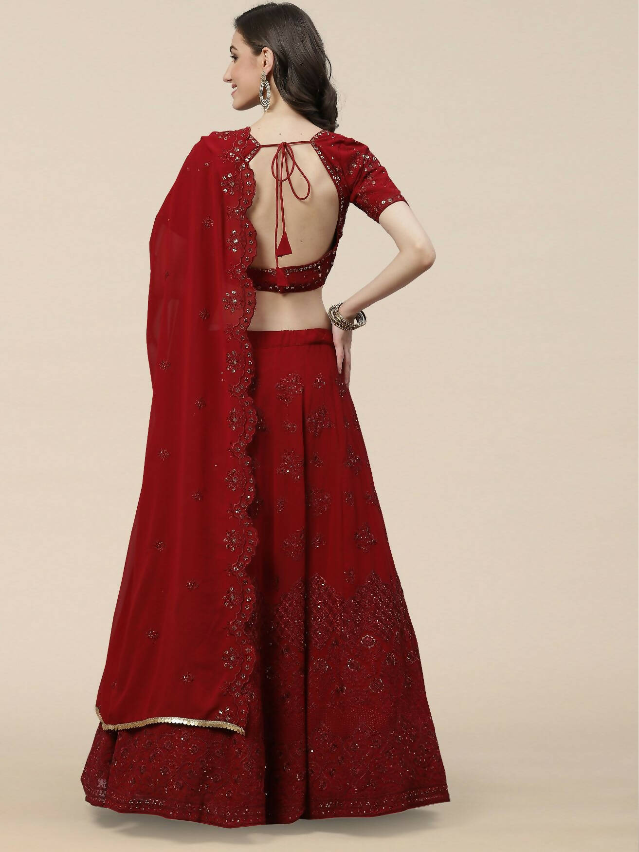 Maroon Georgette Thread with Sequins Embroidered work Lehenga Choli with Dupatta - Jivika | Grocsy