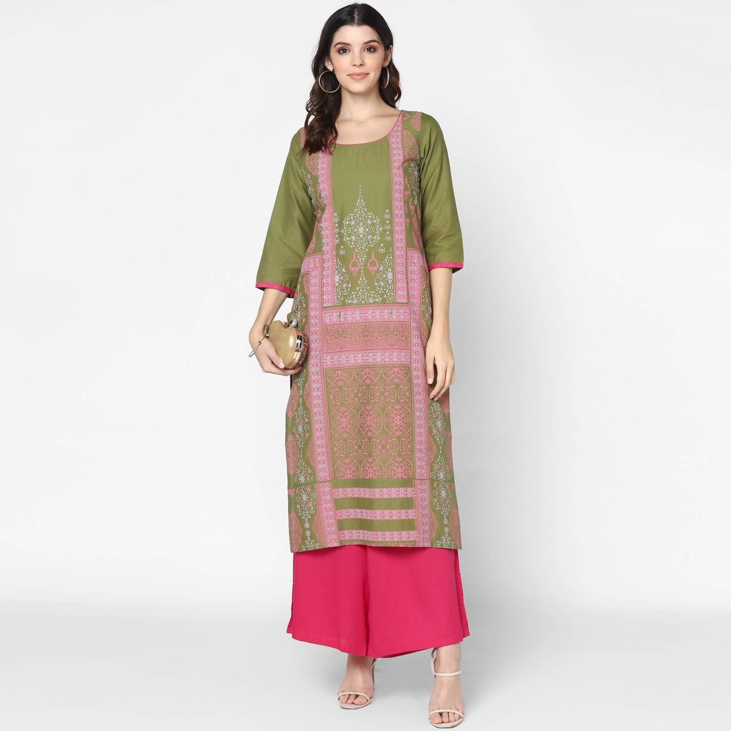 Cheera Hand Block Print Military Color Straight Kurta (MAAI-047K) | Grocsy