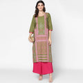 Cheera Hand Block Print Military Color Straight Kurta (MAAI-047K) | Grocsy