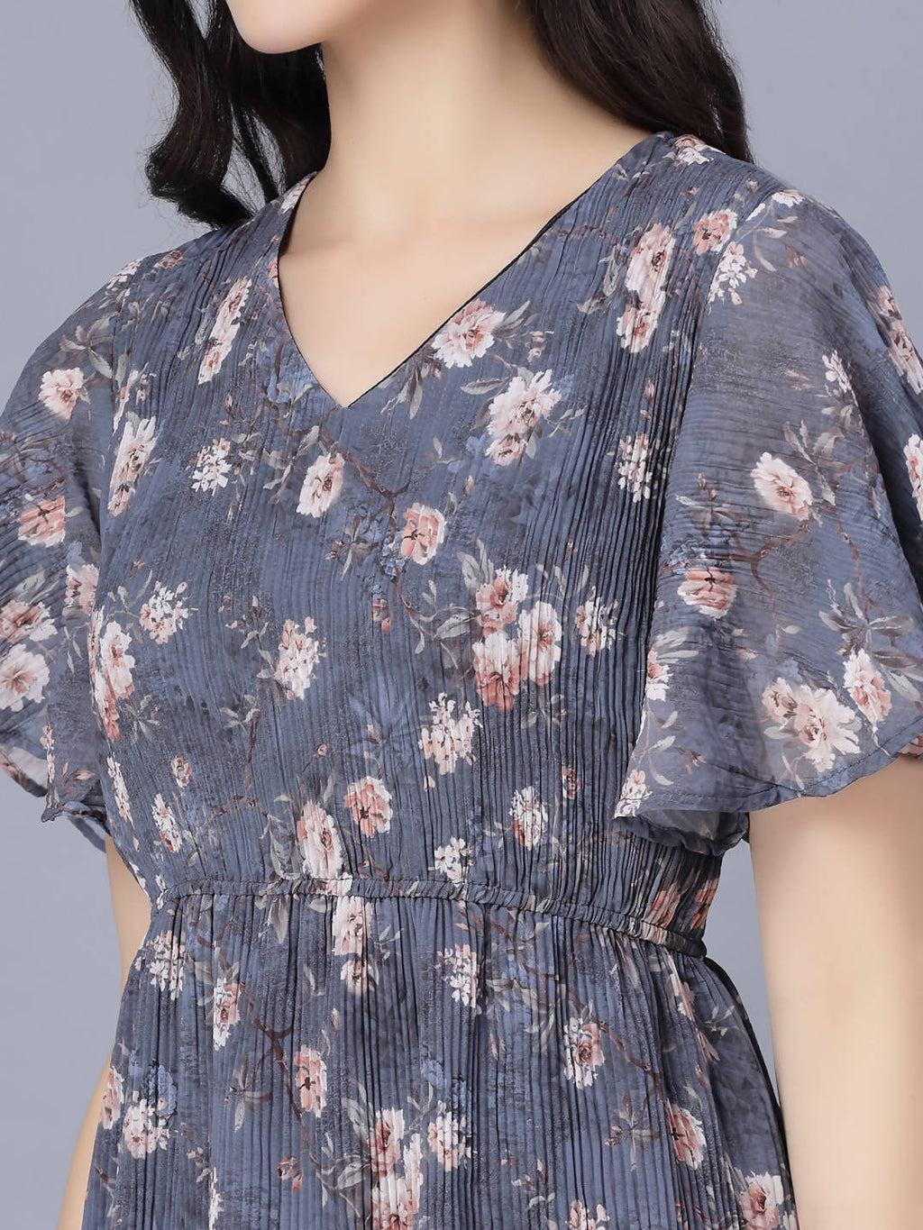 Myshka Women Grey Floral Midi Dress | Grocsy