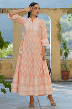Juniper Women's Peach Cambric Floral Printed Maxi Tiered Dress | Grocsy