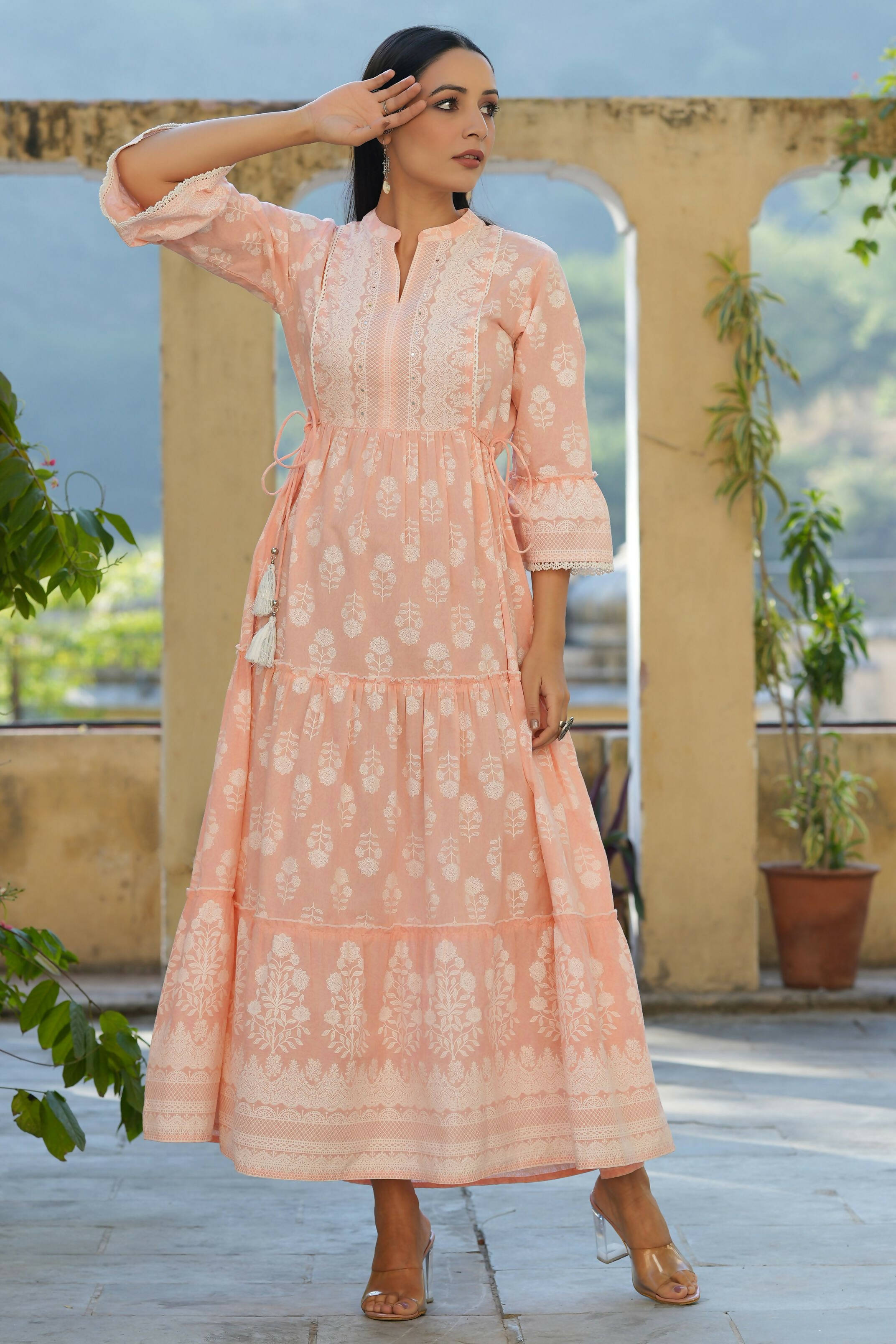 Juniper Women's Peach Cambric Floral Printed Maxi Tiered Dress | Grocsy