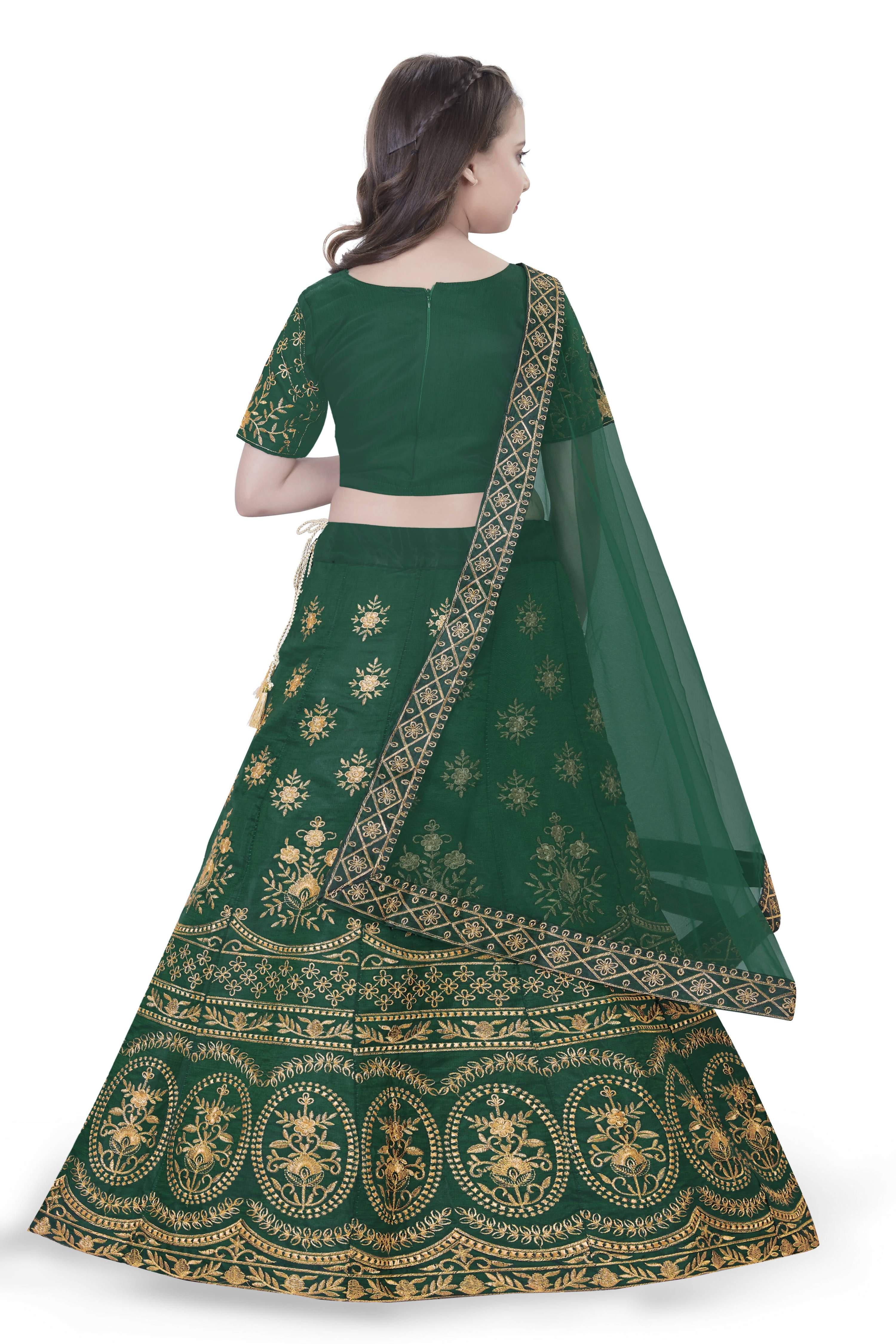 Dwiden Green Lehriyu Tafetta Sattin Semi-Stitched Girl's Lehenga Choli | Grocsy