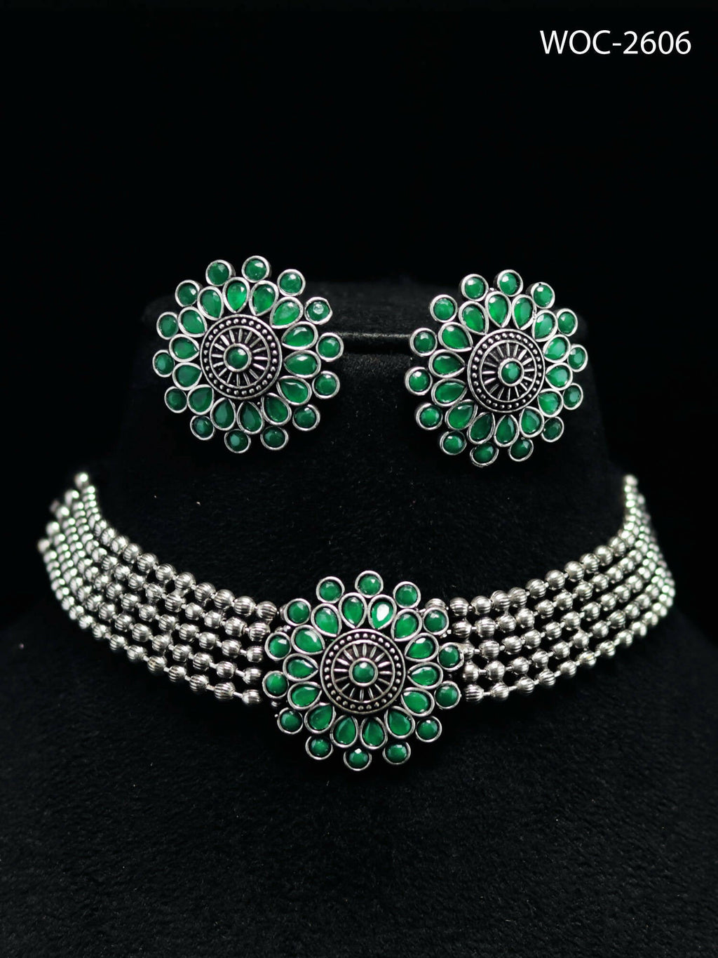 Mominos Fashion Johar Kamal Oxidised Silver-Plated Brass Finish Kundan Choker For Women (Green) | Grocsy