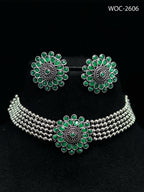 Mominos Fashion Johar Kamal Oxidised Silver-Plated Brass Finish Kundan Choker For Women (Green) | Grocsy