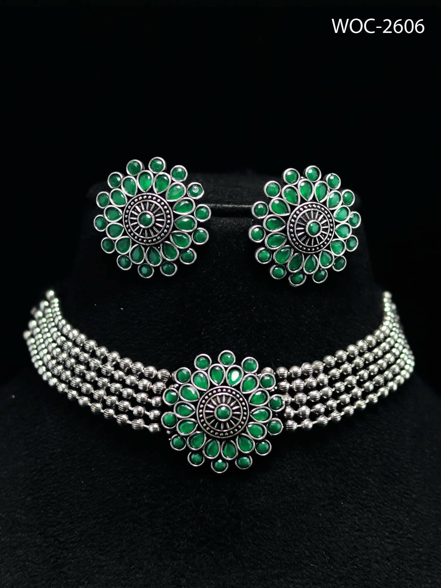 Mominos Fashion Johar Kamal Oxidised Silver-Plated Brass Finish Kundan Choker For Women (Green) | Grocsy