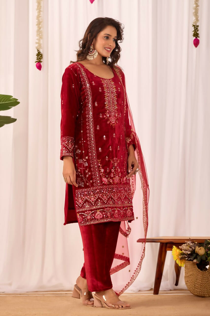 Joban Fashion Red Velvet Embroidery Sequence Work Readymade Kurta Set | Grocsy