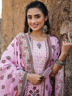 Juniper Women's Lilac Cambric Floral Placement Printed Straight Fit Kurta Sets | Grocsy