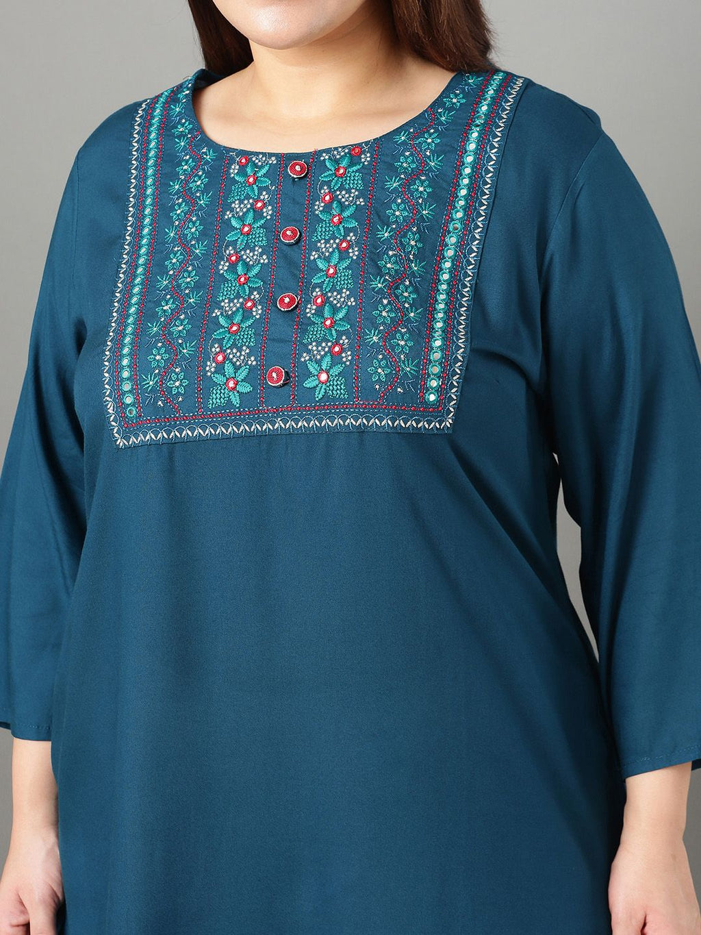 Sztori Plus Size Floral Yoke Design Thread Work Straight Kurta | Grocsy