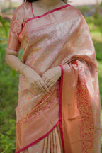 Prime Volt Bridal Kanchipuram Silk Saree with Rich Zari Weaving & Contrast Border-Orange | Grocsy