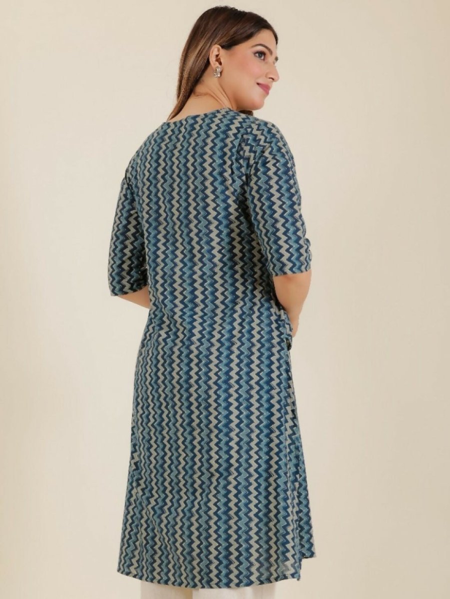 Aramya Blue Soft Cotton Chevron A-line Kurta for Women | Grocsy