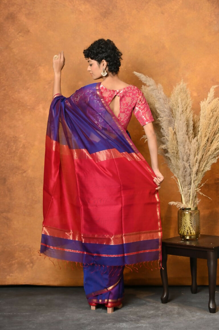 Very Much Indian Handloom Pure Cotton Silk Saree With Sleek Golden Border - Indigo Blue | Grocsy