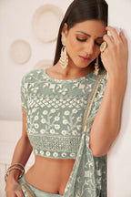Aastha Fashion Turquoise Green Butterfly Net White Cotton Thread Work, Zari Work And Sandwich Sequence Work Embroidery Wedding Wear Lehenga Choli | Grocsy