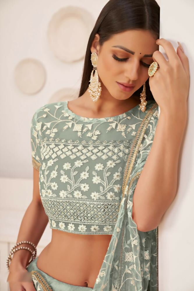 Aastha Fashion Turquoise Green Butterfly Net White Cotton Thread Work, Zari Work And Sandwich Sequence Work Embroidery Wedding Wear Lehenga Choli | Grocsy