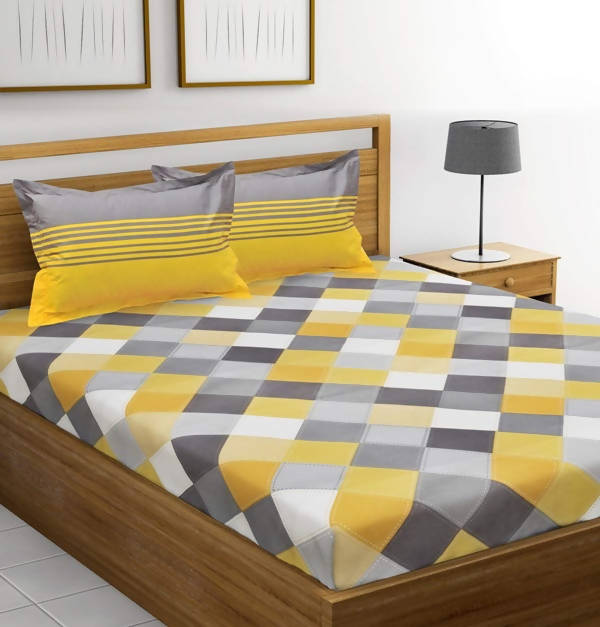 Vamika Printed Cotton Yellow & Multicolor Bedsheet With Pillow Covers (LEOC_CHECK_Y) | Grocsy