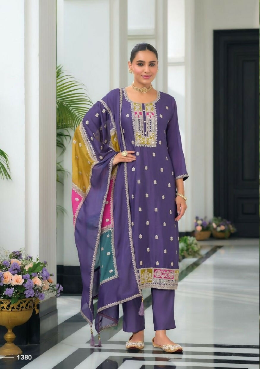 Teeya Creation Lavender Color Chinon Silk Embroidery Work Wedding Wear Designer Salwar Suit | Grocsy