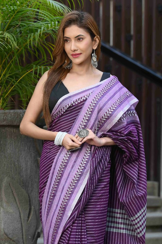 Beatitude Lavender Cotton Jacqaurd Border Tangail Handloom Saree | Grocsy