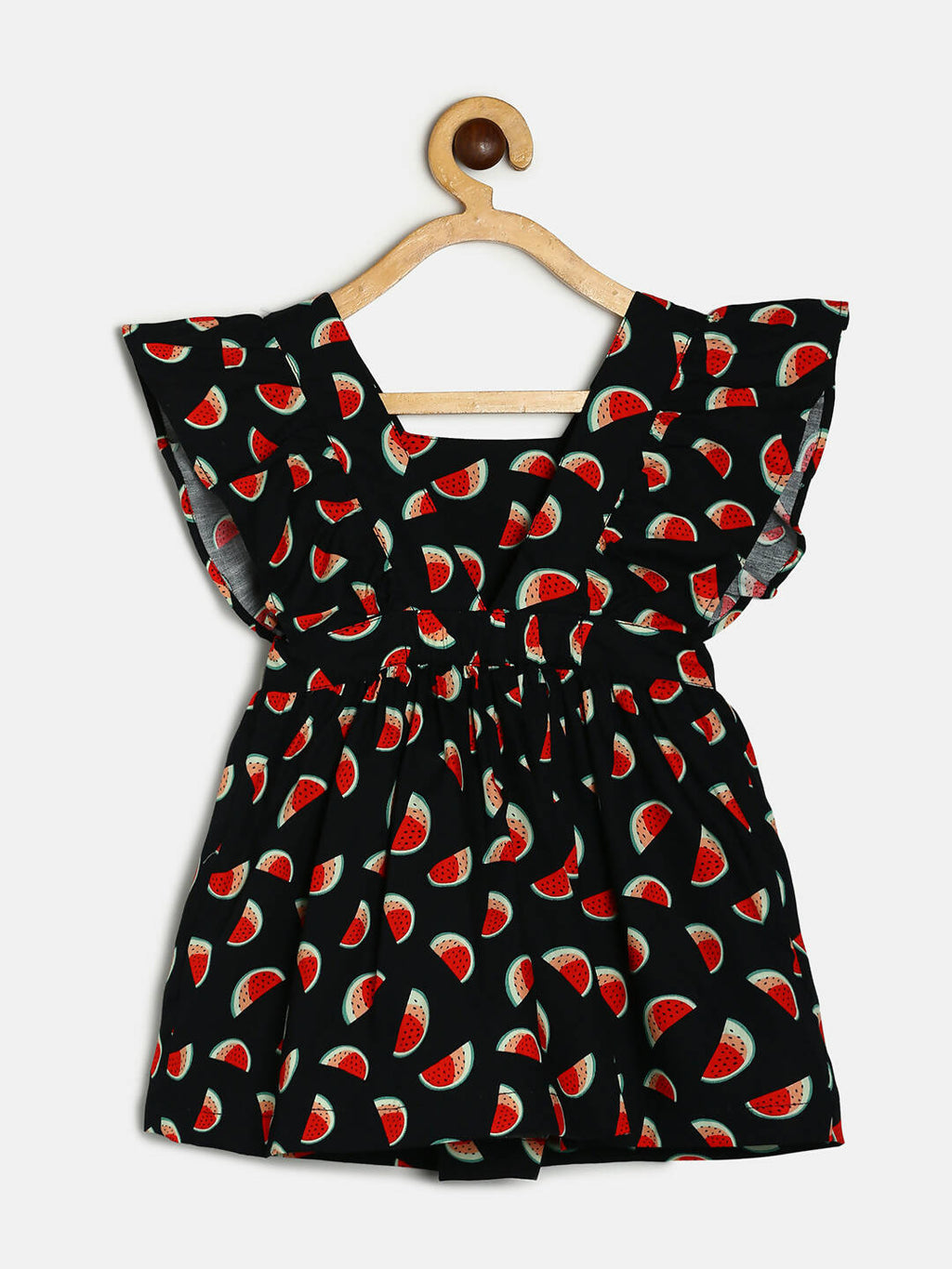 Manet Girls Cotton V Neck Frill Frock Watermelon Printed - Black | Grocsy