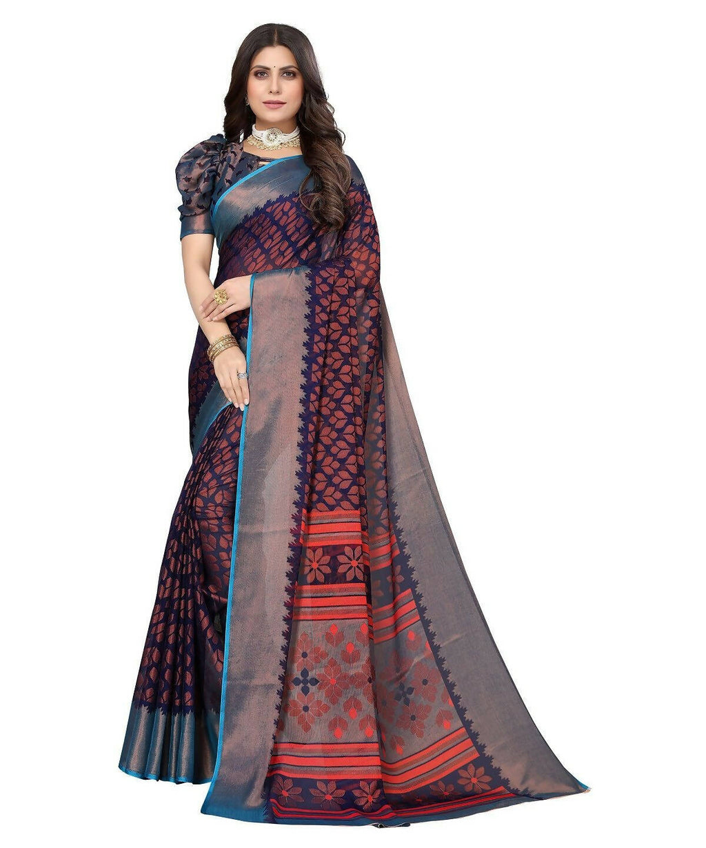 Vamika Navy Chiffon Brasso Bollywood Style Woven Saree (ALIZA NAVY) | Grocsy