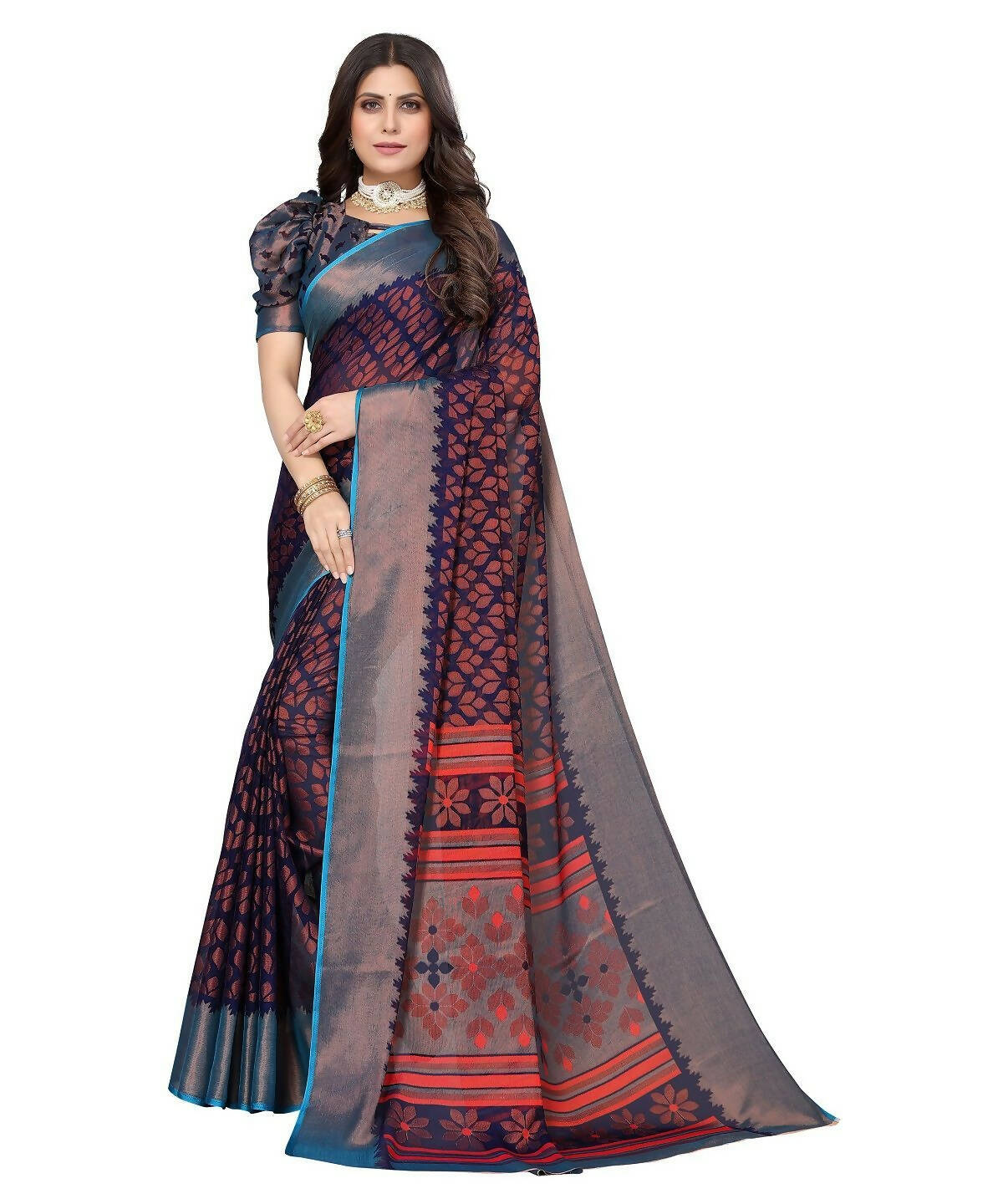 Vamika Navy Chiffon Brasso Bollywood Style Woven Saree (ALIZA NAVY) | Grocsy