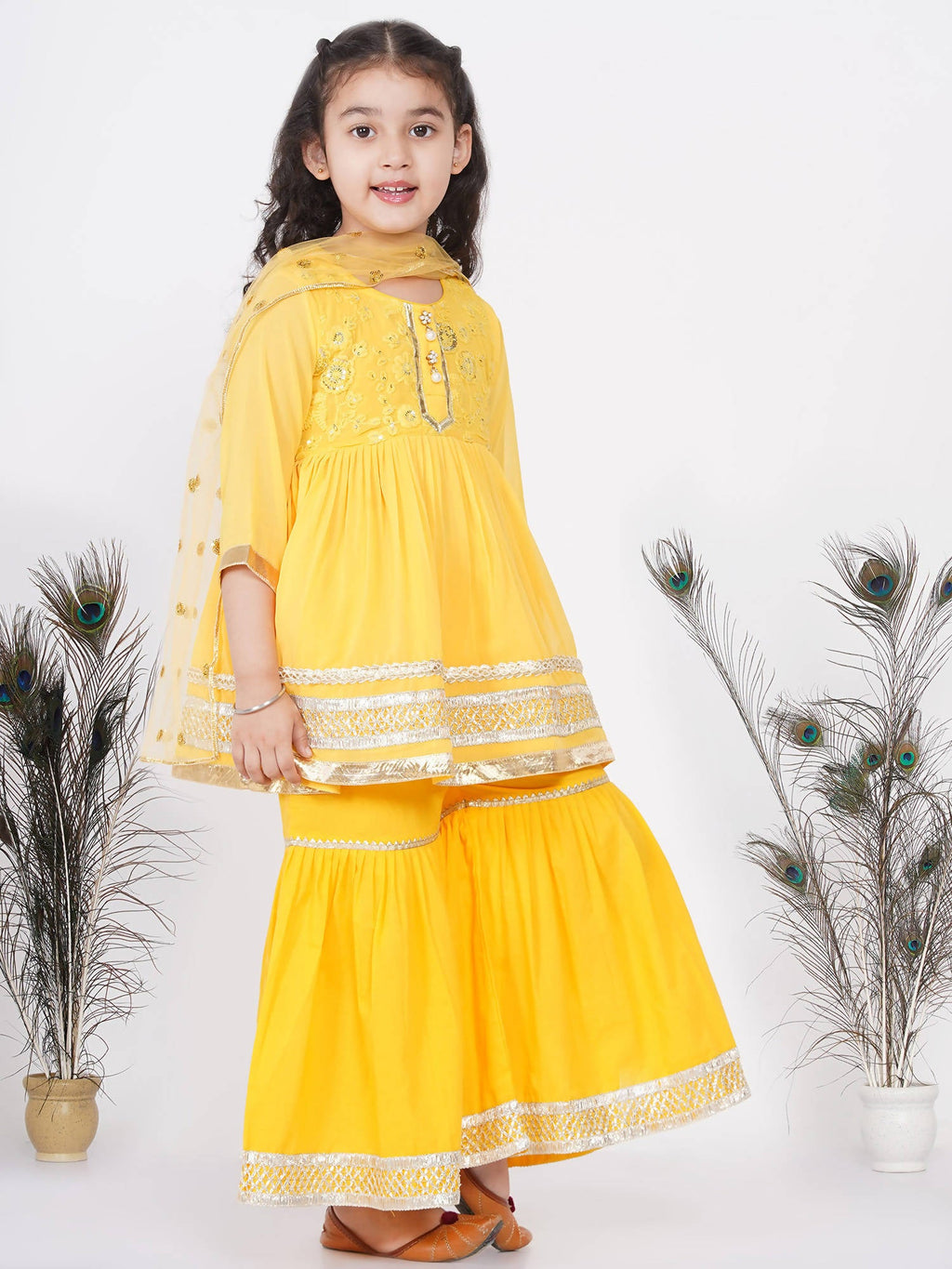 Little Bansi Girls Cotton Gotta Patti Kurta frock with Sharara & Dupatta - Yellow | Grocsy