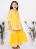 Little Bansi Girls Cotton Gotta Patti Kurta frock with Sharara & Dupatta - Yellow | Grocsy