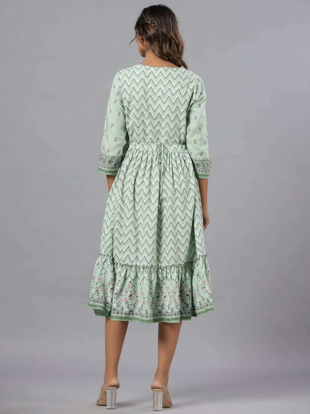 Juniper Women Sage Green Rayon Printed Jacket Style Midi Dress | Grocsy