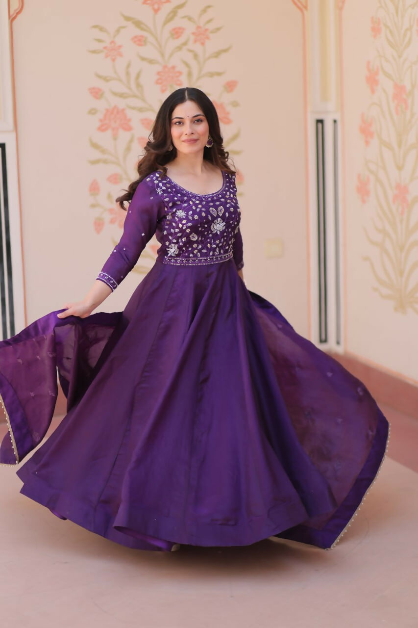 Teeya Creation Womens New Simple Gold Crush With Beads Embroidery-Work Gown Set | Grocsy