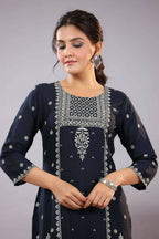 Juniper Women Navy Blue Rayon Printed Knee Length Straight Kurta | Grocsy