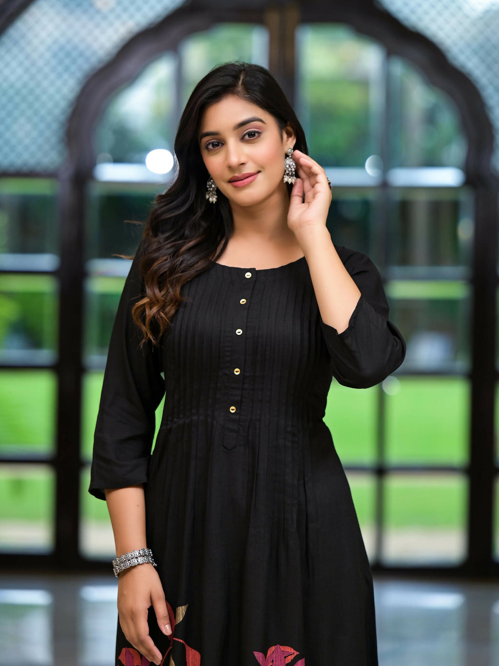 Juniper Women's Black Floral Printed Rayon Kurta With Button Closure | Grocsy