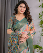 PR Fashion Olive Pure Handloom Linen Saree | Grocsy