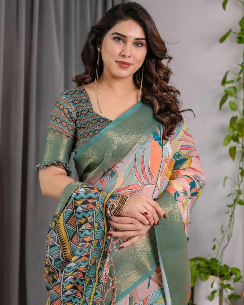 PR Fashion Olive Pure Handloom Linen Saree | Grocsy