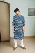 Souchii Men's Ethnic Printed Pure Cotton Kurta – Indigo Leaf Motif | Grocsy
