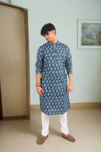 Souchii Men's Ethnic Printed Pure Cotton Kurta – Indigo Leaf Motif | Grocsy