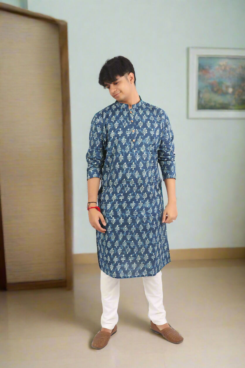 Souchii Men's Ethnic Printed Pure Cotton Kurta – Indigo Leaf Motif | Grocsy